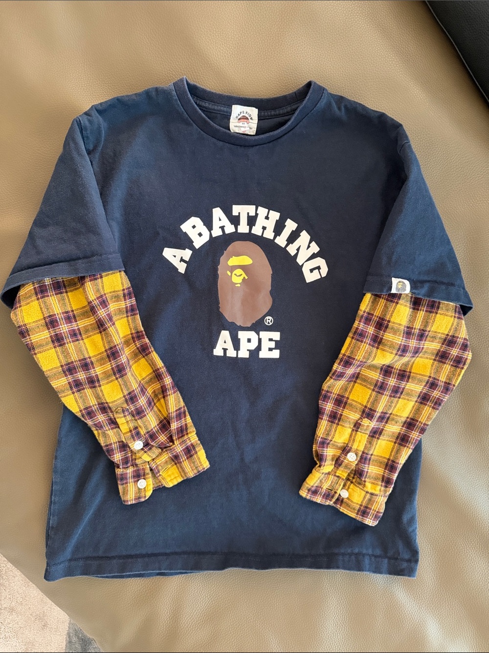 Bape Navy Long Sleeve Tee with Yellow Plaid Layered Sleeves